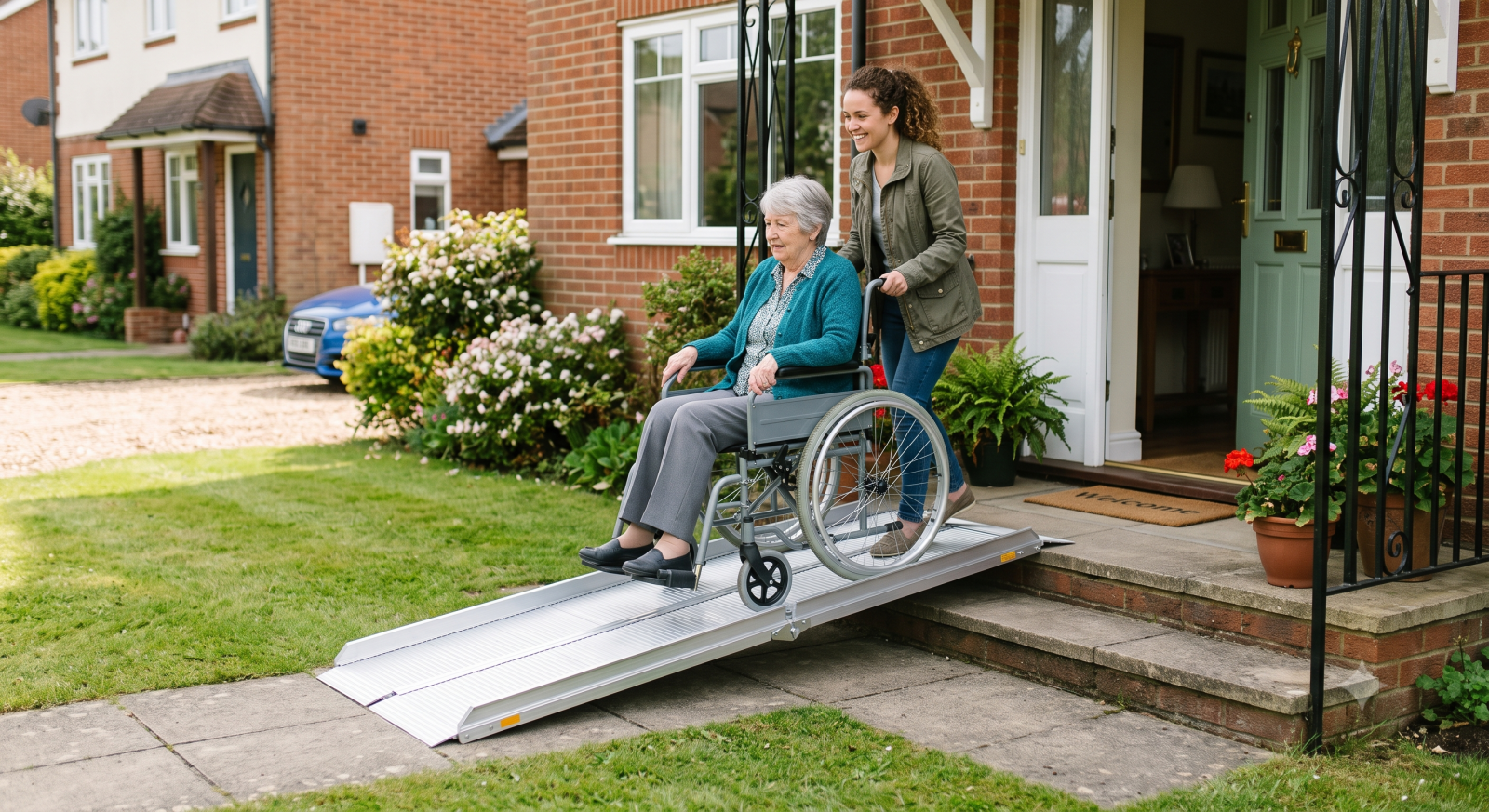 A simple aluminum single-fold portable ramp being used at a home entrance to overcome a single step
