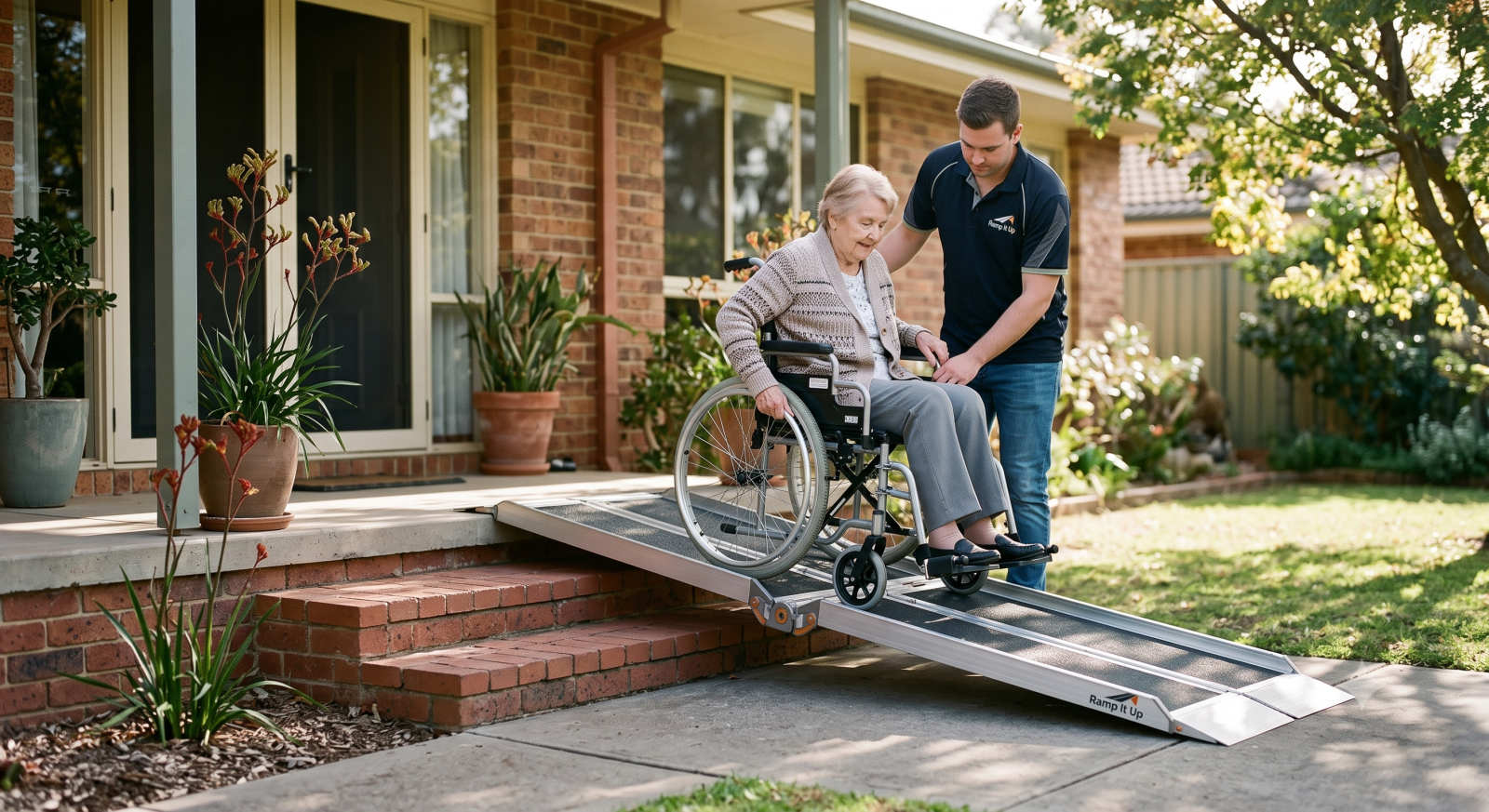 A simple aluminum single-fold portable ramp being used at a home entrance to overcome a single step